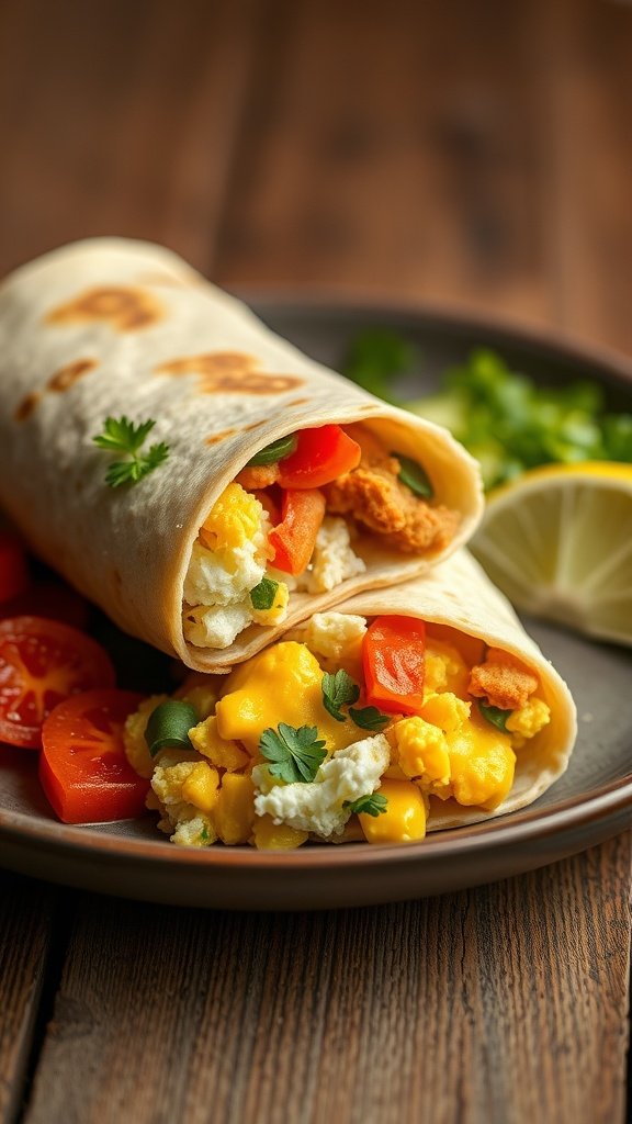 A delicious breakfast burrito filled with eggs, cheese, and vegetables, served on a plate.