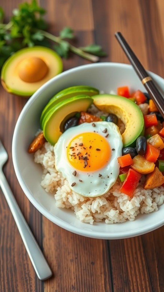 A hearty breakfast rice bowl with colorful vegetables, a fried egg, and avocado slices.
