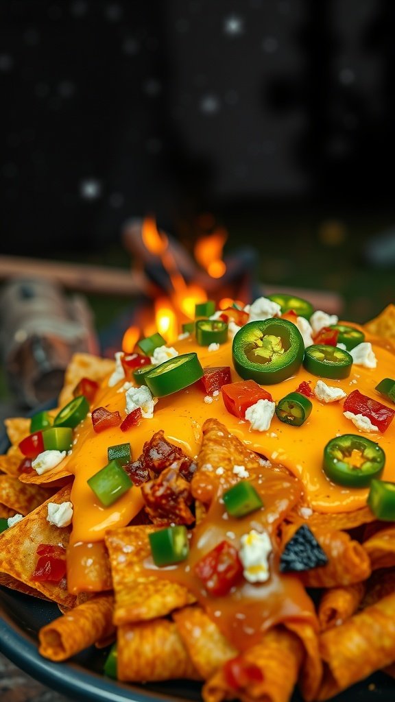 A delicious plate of nachos topped with cheese, jalapeños, and fresh ingredients, perfect for a campfire supper.