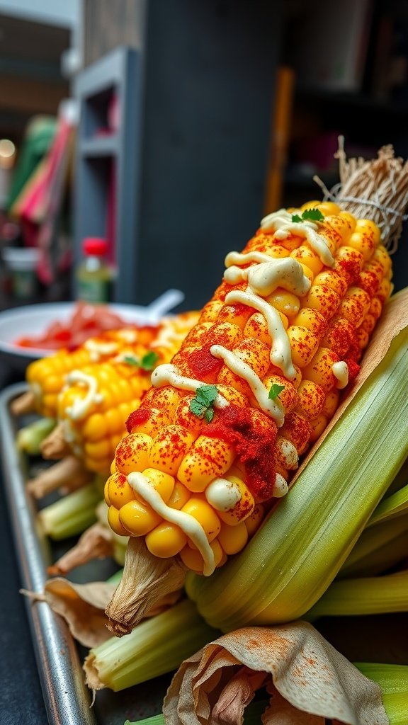A close-up of Mexican corn on the cob topped with mayonnaise, chili powder, and cilantro.