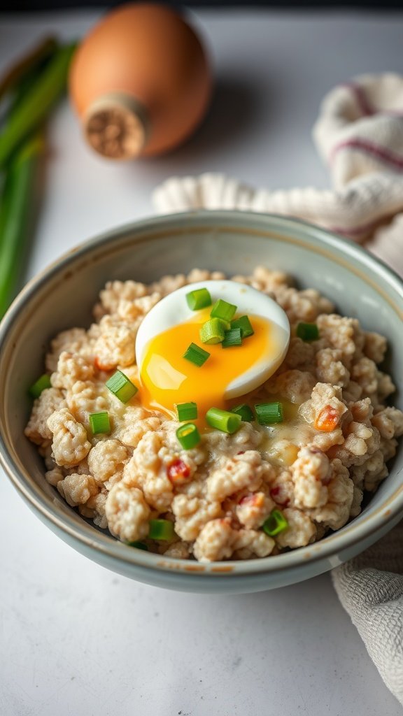 Bowl of savory oatmeal topped with a soft-boiled egg and green onions
