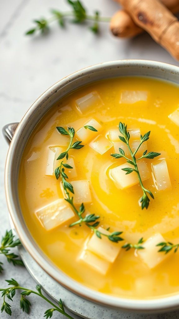 A bowl of creamy potato and leek soup garnished with thyme leaves.
