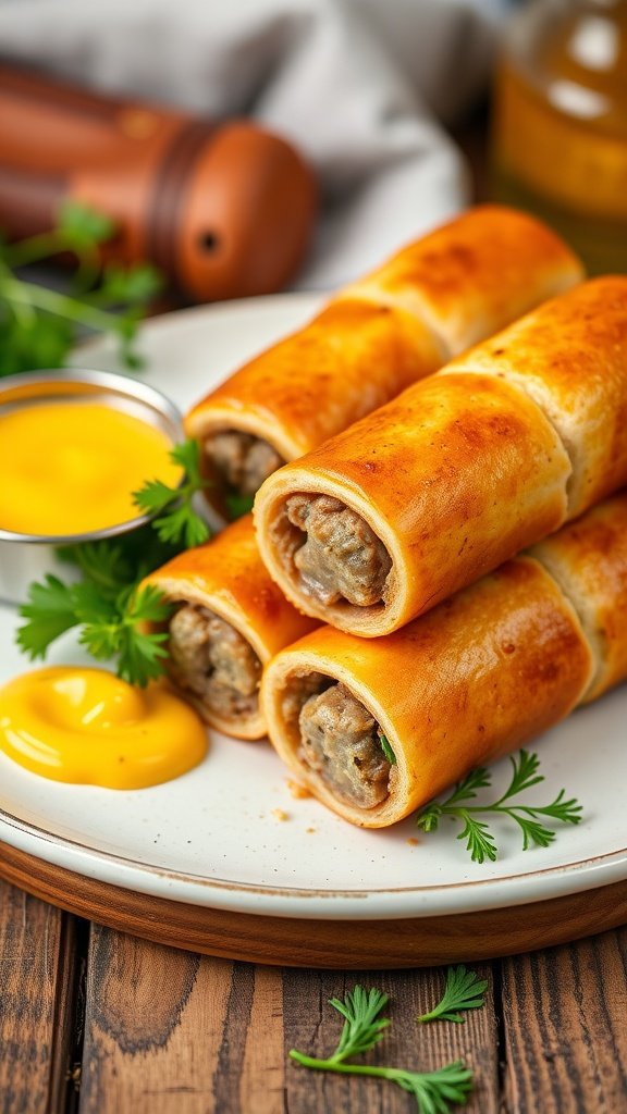 Delicious savory sausage rolls served with mustard