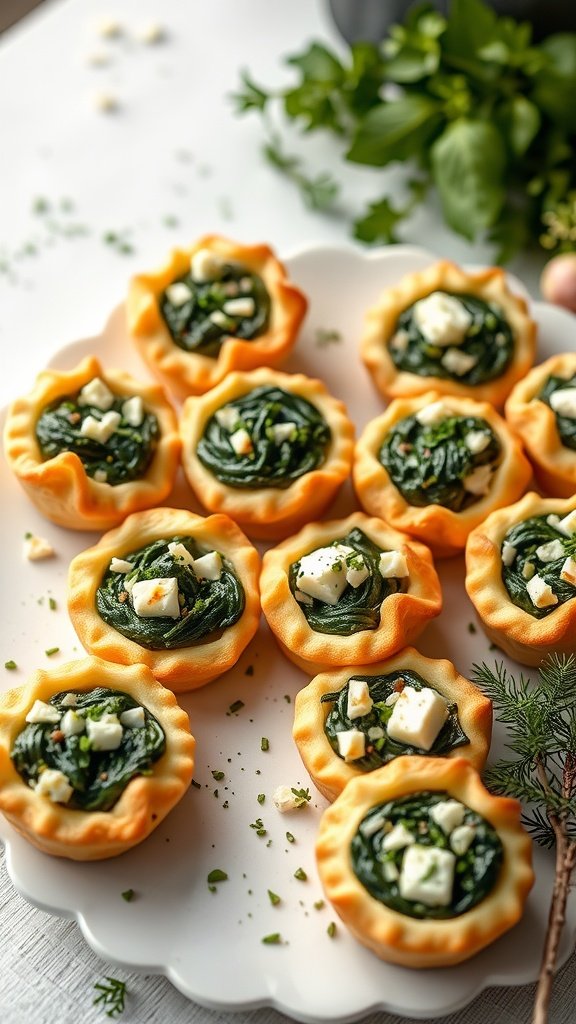 Savory spinach and feta puff pastry bites arranged on a plate.