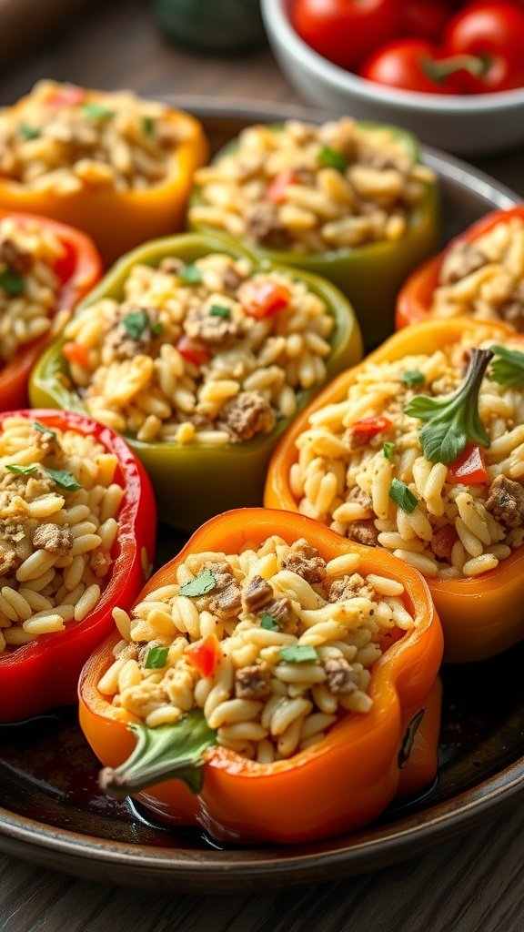 Savory stuffed bell peppers filled with orzo and ground meat.