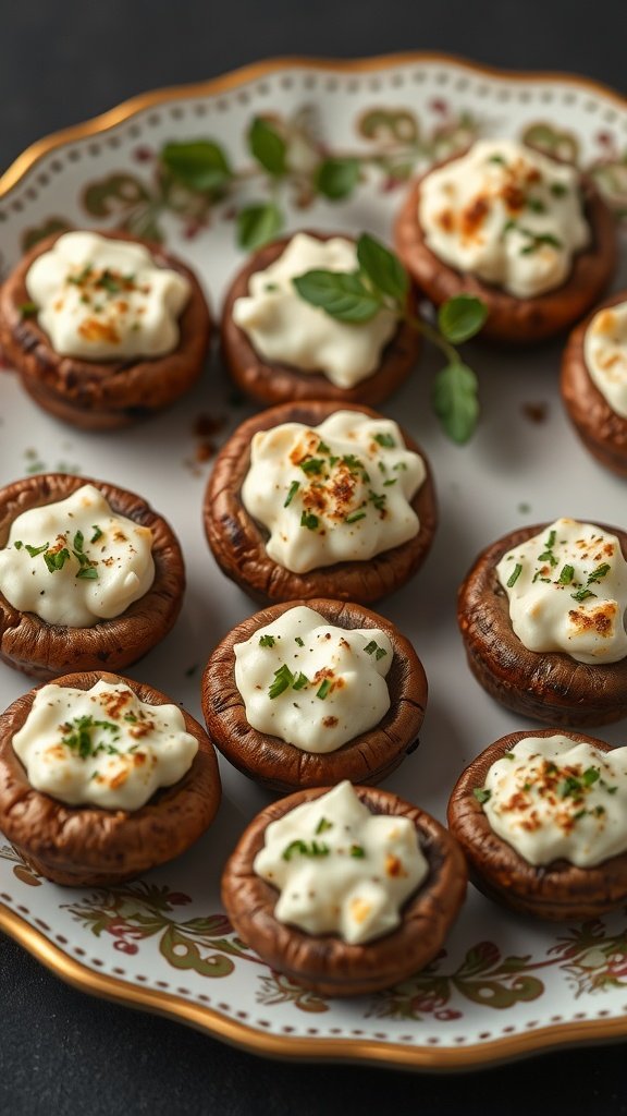 Savory stuffed mushrooms with cream cheese on a decorative plate