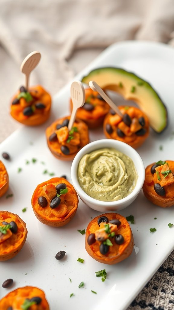 Savory sweet potato and black bean bites served on a platter with avocado dip