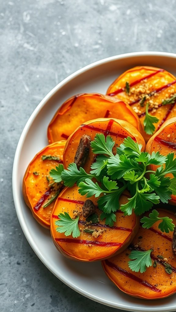 Savory sweet potato bites garnished with fresh herbs