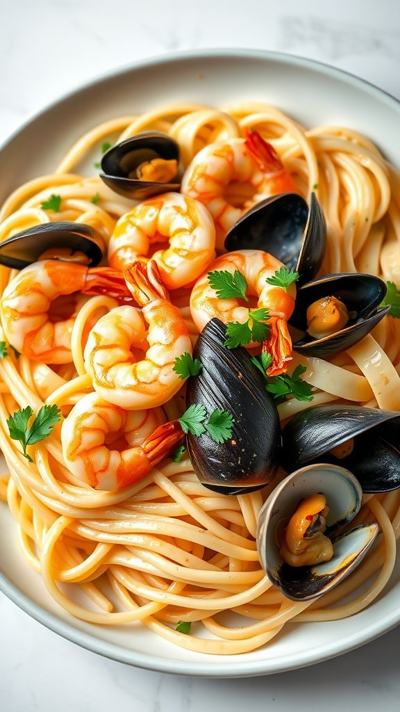 Seafood linguine with shrimp and mussels in a white wine sauce.