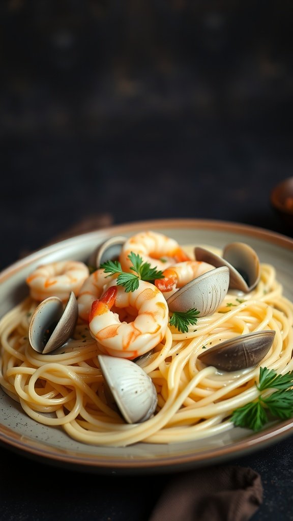 A plate of seafood linguine topped with shrimp and clams, garnished with parsley.