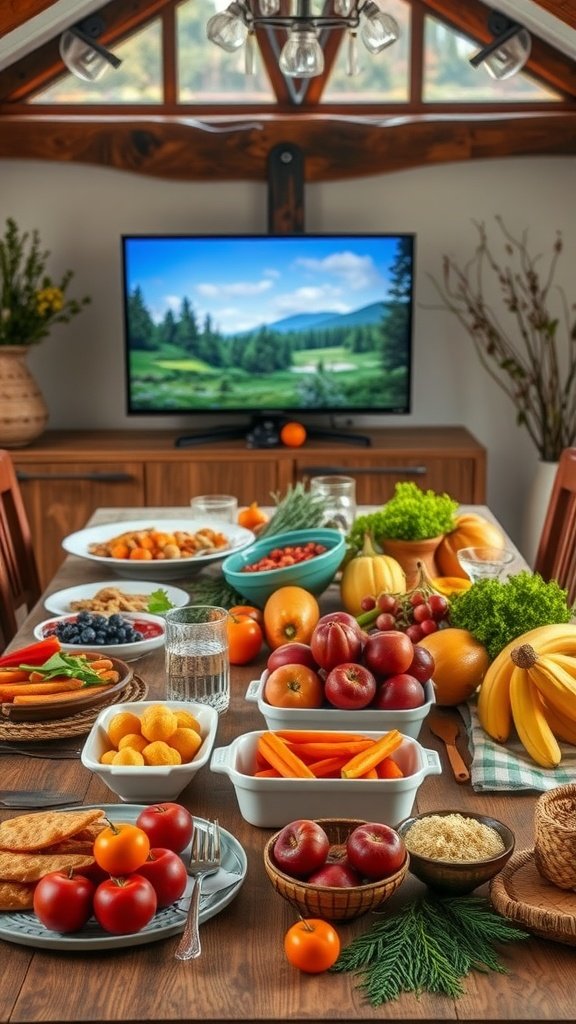 A dining table set with an array of colorful fruits and vegetables, with a nature documentary playing on a TV in a cozy indoor setting.
