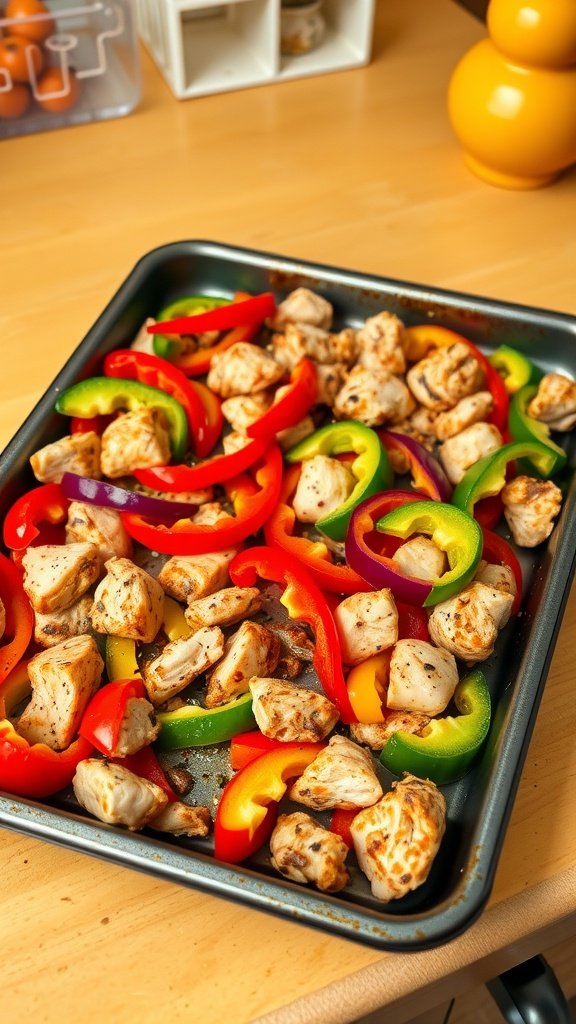 A colorful sheet pan filled with diced chicken, bell peppers, and onions ready for roasting.