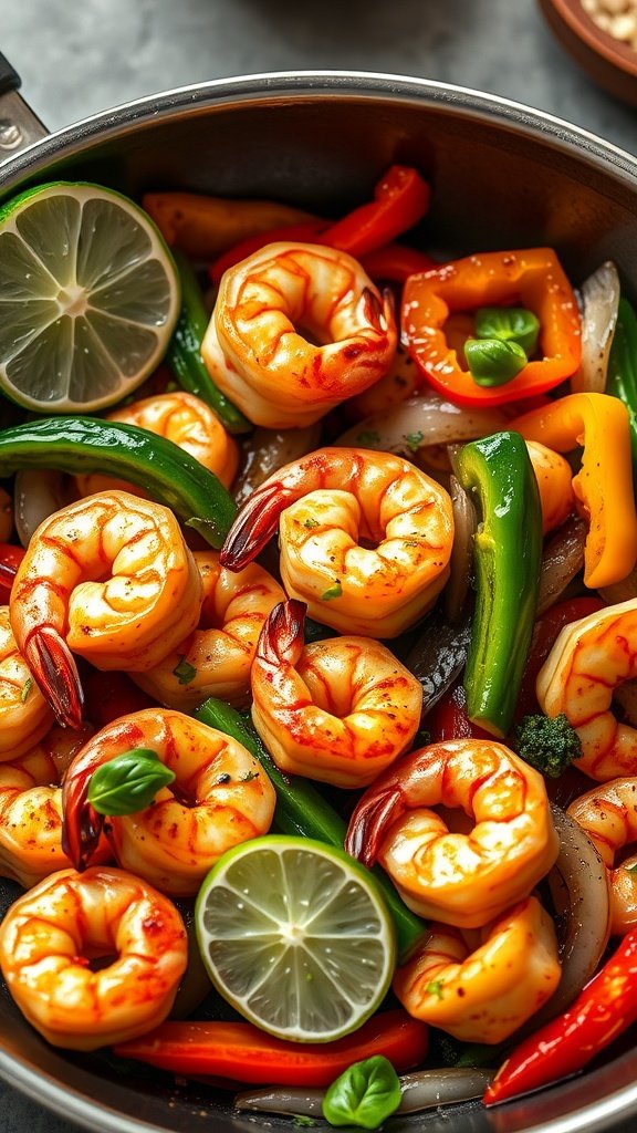 A vibrant dish of shrimp fajitas with bell peppers and lime slices.