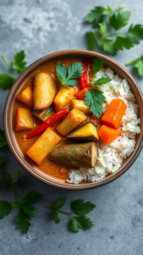 A bowl of simple coconut curry with vegetables served over rice, garnished with fresh herbs.