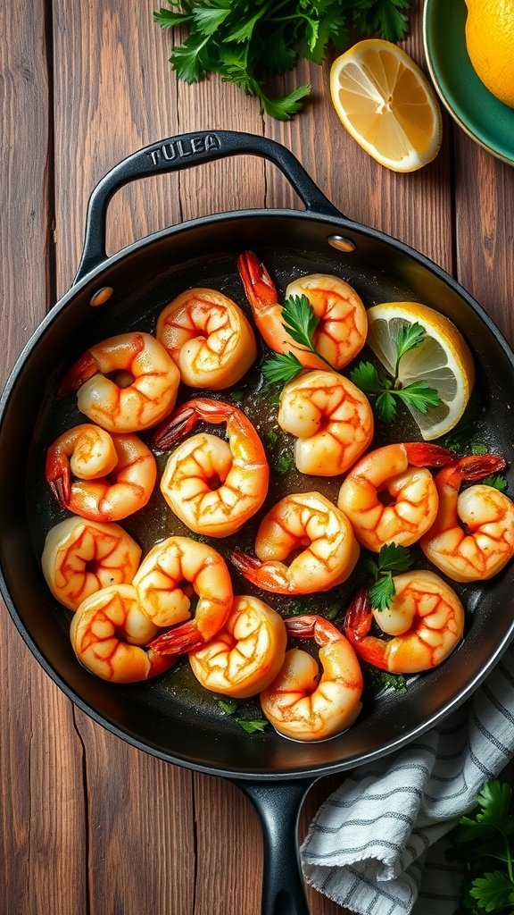 A pan of cooked garlic butter shrimp garnished with parsley and lemon slices.