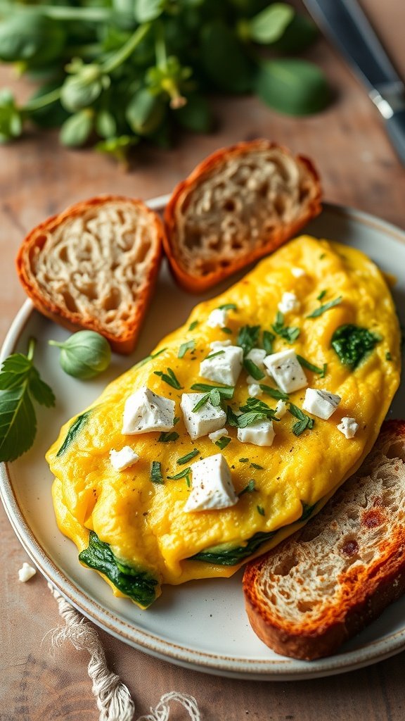 A delicious spinach and feta omelet served with slices of toasted bread.