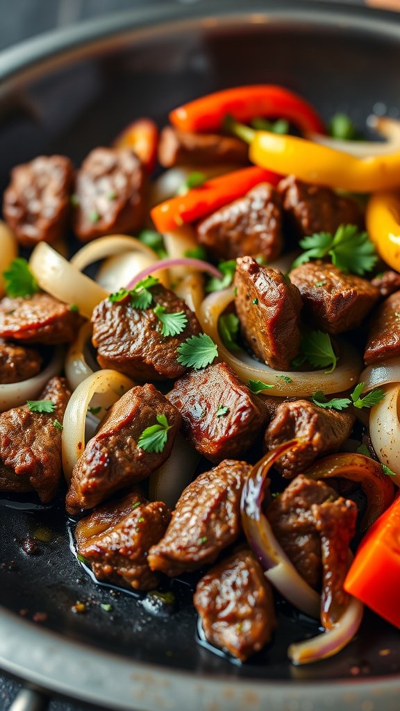 A close-up of sizzling beef fajitas with onions and colorful bell peppers in a skillet.