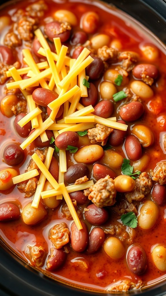 A close-up of slow cooker chili with various beans and shredded cheese on top.