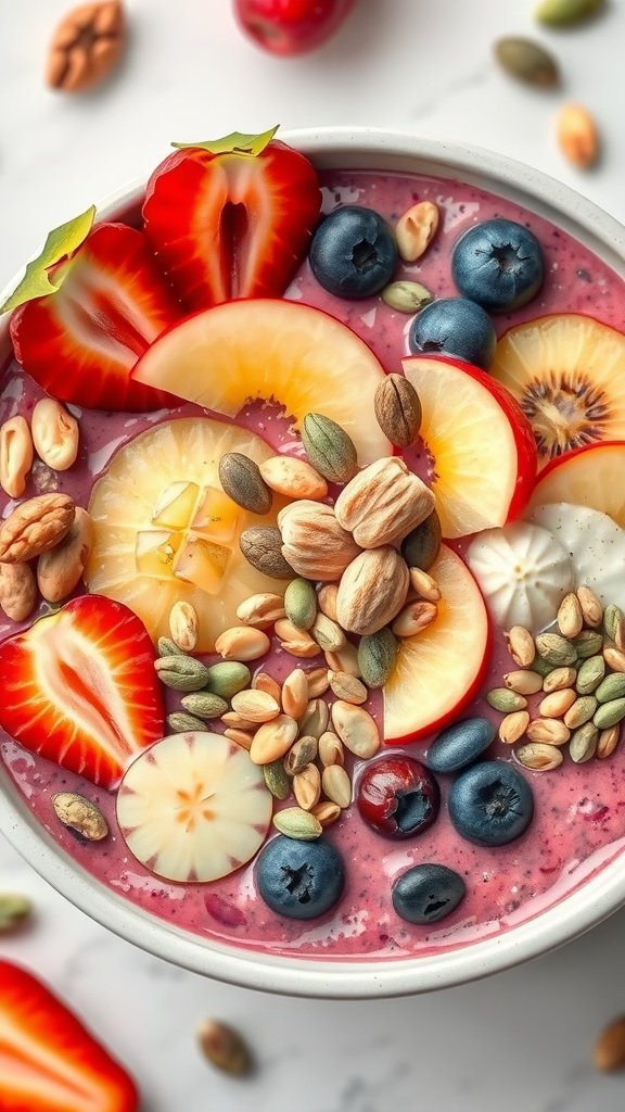 A colorful smoothie bowl topped with various fruits and nuts.