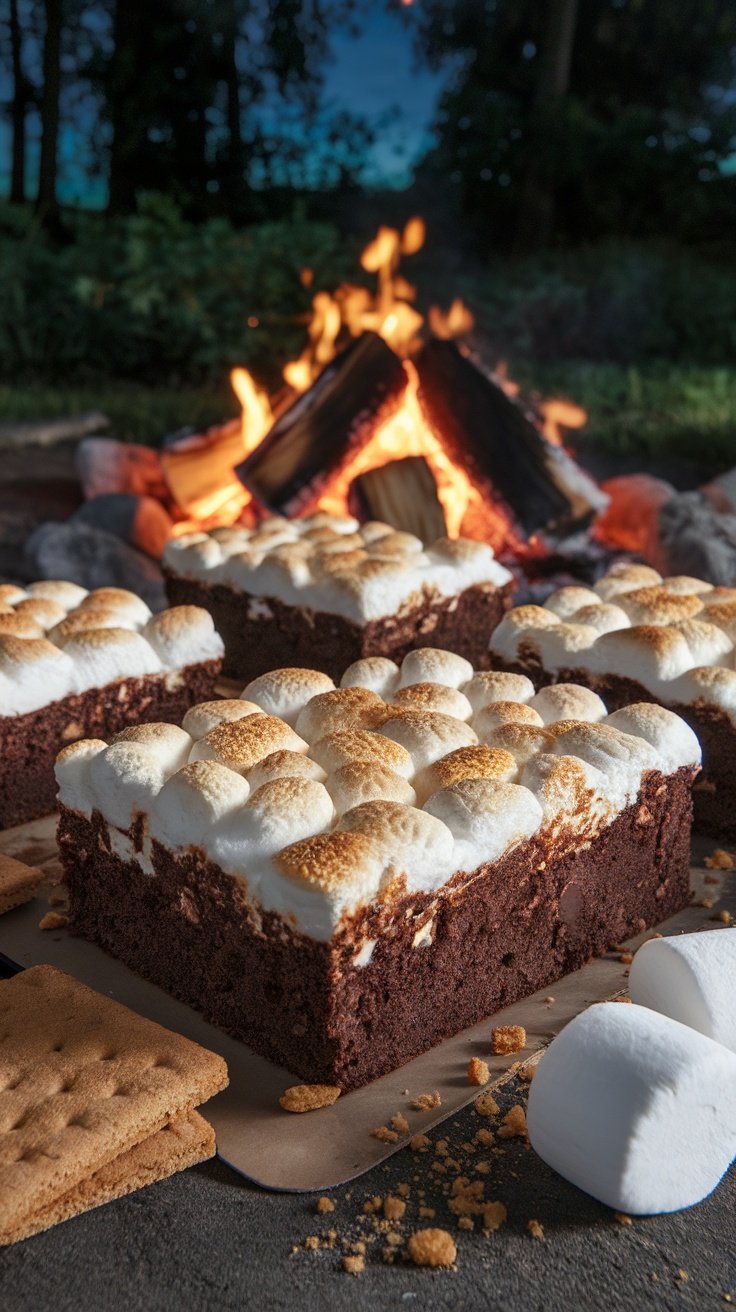 Delicious S'mores brownies with toasted marshmallows and graham crackers beside a campfire