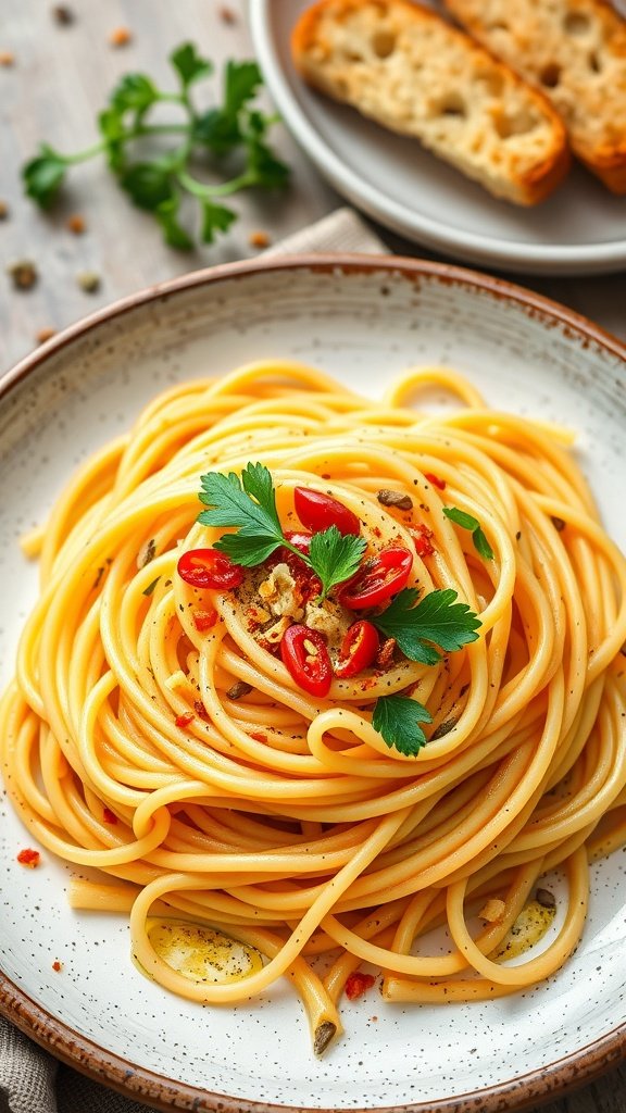 A delicious plate of spaghetti aglio e olio garnished with parsley and chili flakes.