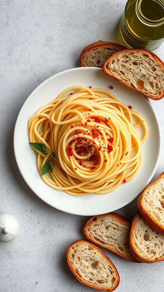 A plate of spaghetti aglio e olio garnished with chili flakes and parsley, accompanied by slices of bread.