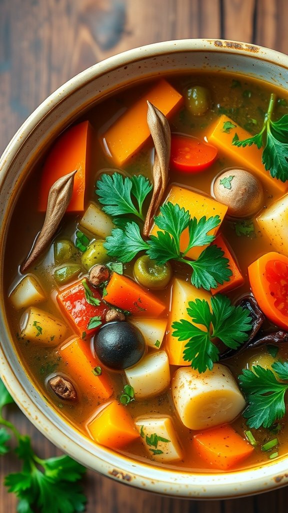 A bowl of colorful and hearty vegetable soup with fresh herbs.