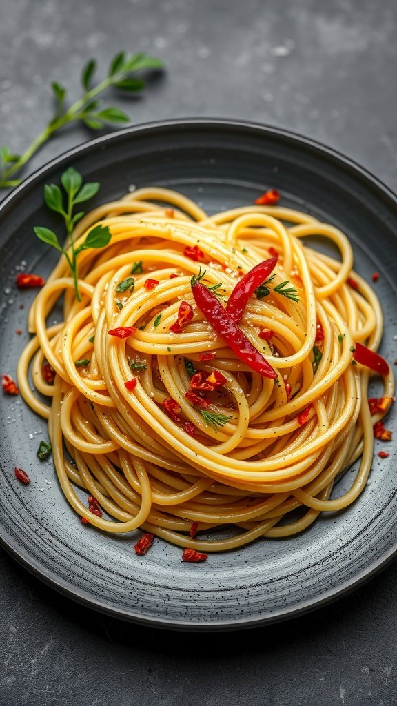 A plate of Spicy Aglio e Olio pasta garnished with red pepper flakes and herbs.