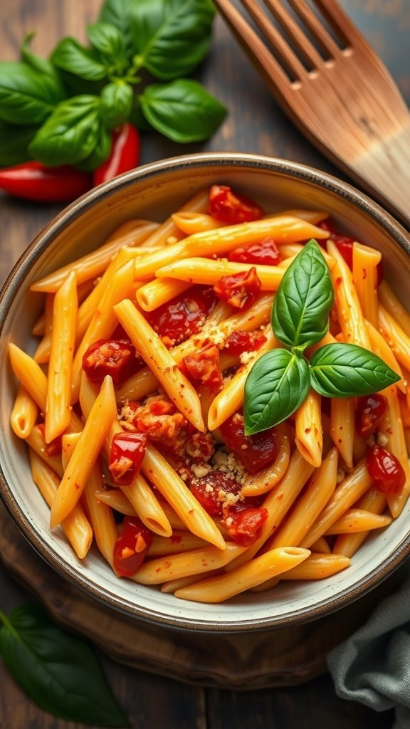 A vibrant bowl of Spicy Arrabbiata Penne topped with fresh basil.