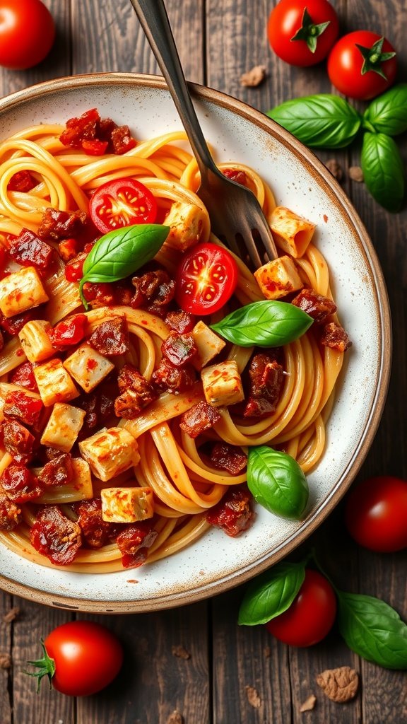 A bowl of spicy bacon and tomato arrabbiata pasta with fresh basil and cherry tomatoes