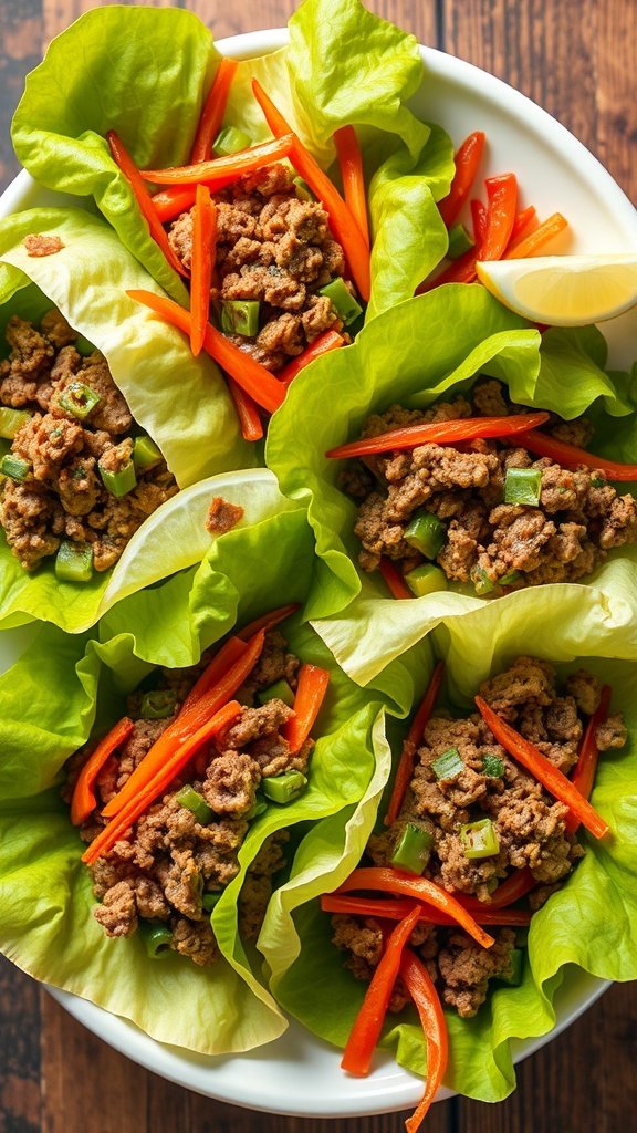 Spicy beef lettuce wraps with ground beef and fresh vegetables.