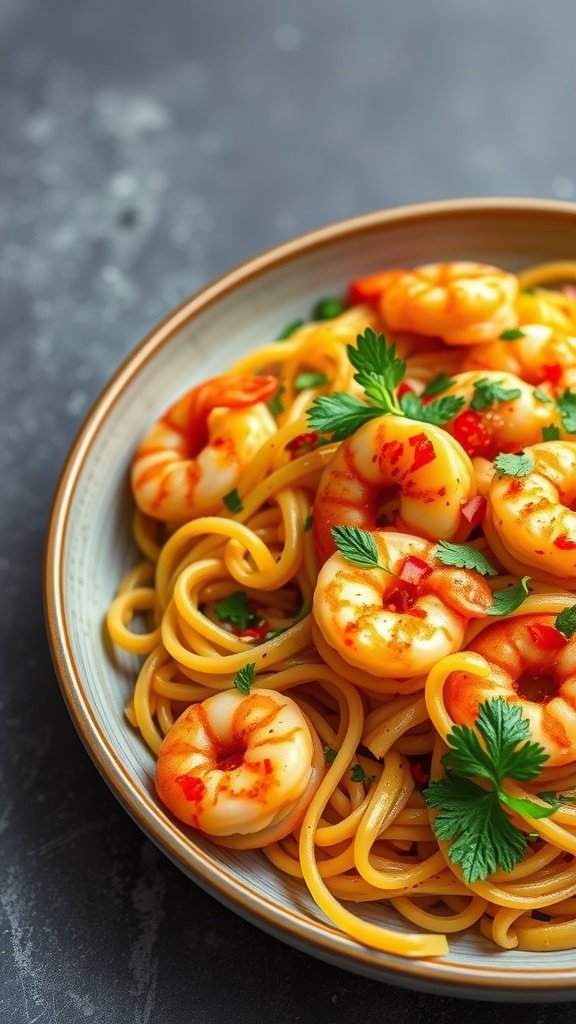 A delicious plate of spicy Cajun shrimp pasta garnished with parsley.