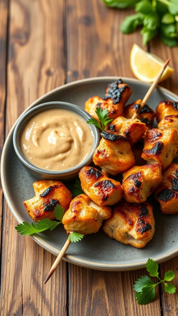 Plate of spicy chicken satay skewers with peanut sauce and garnished with herbs.