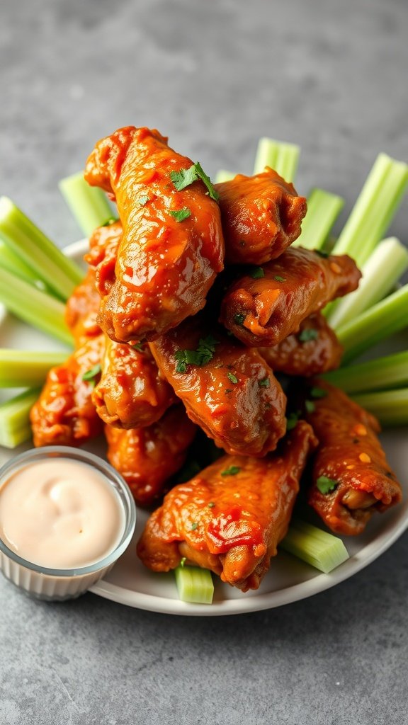 A plate of spicy chicken wings with celery sticks and dipping sauce.