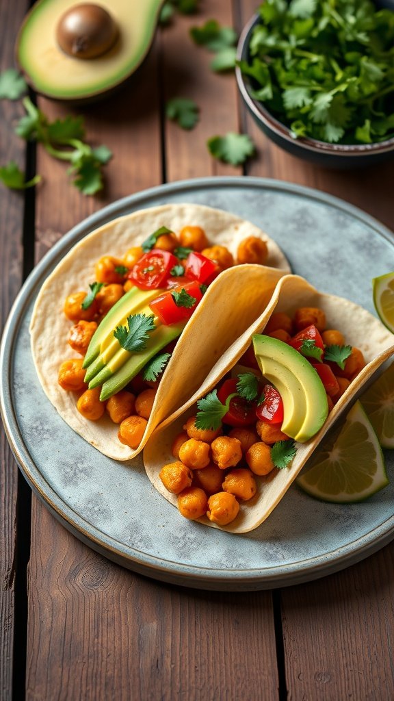 Delicious spicy chickpea tacos topped with avocado and tomatoes, served on a plate.