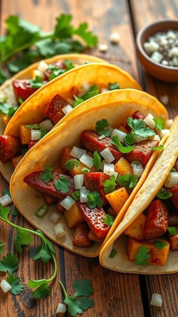 Three tacos filled with spicy chorizo and potatoes, garnished with cilantro and onions on a wooden table.