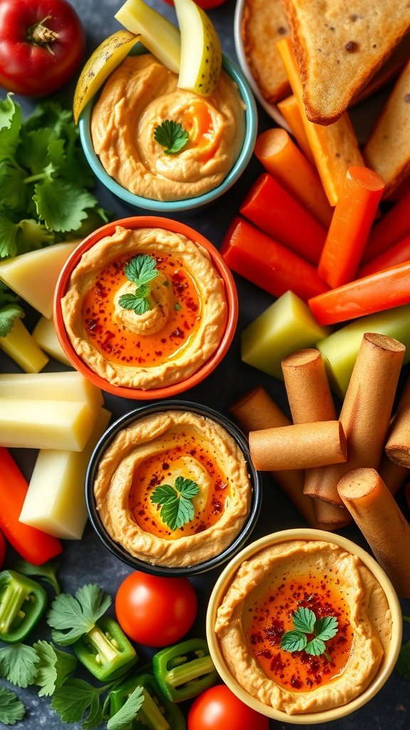 A vibrant spread of spicy hummus served with an assortment of fresh vegetables.