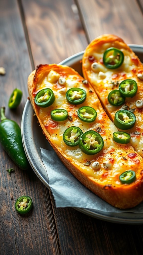 Spicy Jalapeño Cheesy Garlic Bread topped with jalapeño slices on a wooden table.