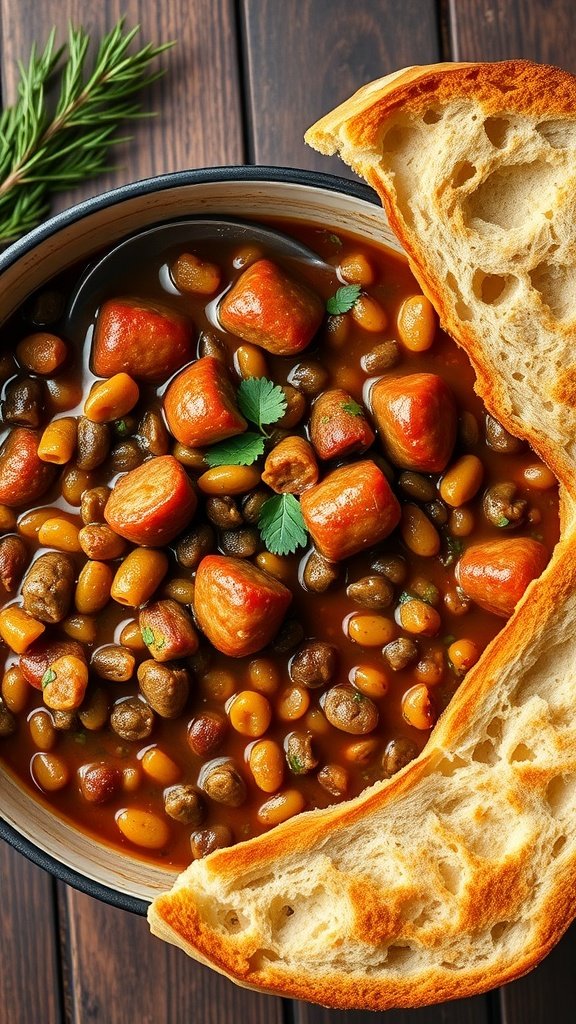 Bowl of spicy lentil and sausage stew with bread on the side