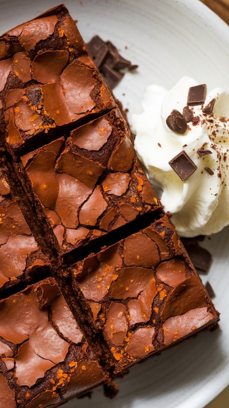 A close-up view of spicy Mexican chocolate brownies topped with whipped cream and chocolate pieces.