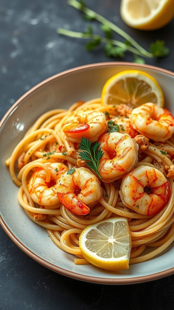 A bowl of spicy shrimp scampi pasta with lemon slices and fresh herbs.