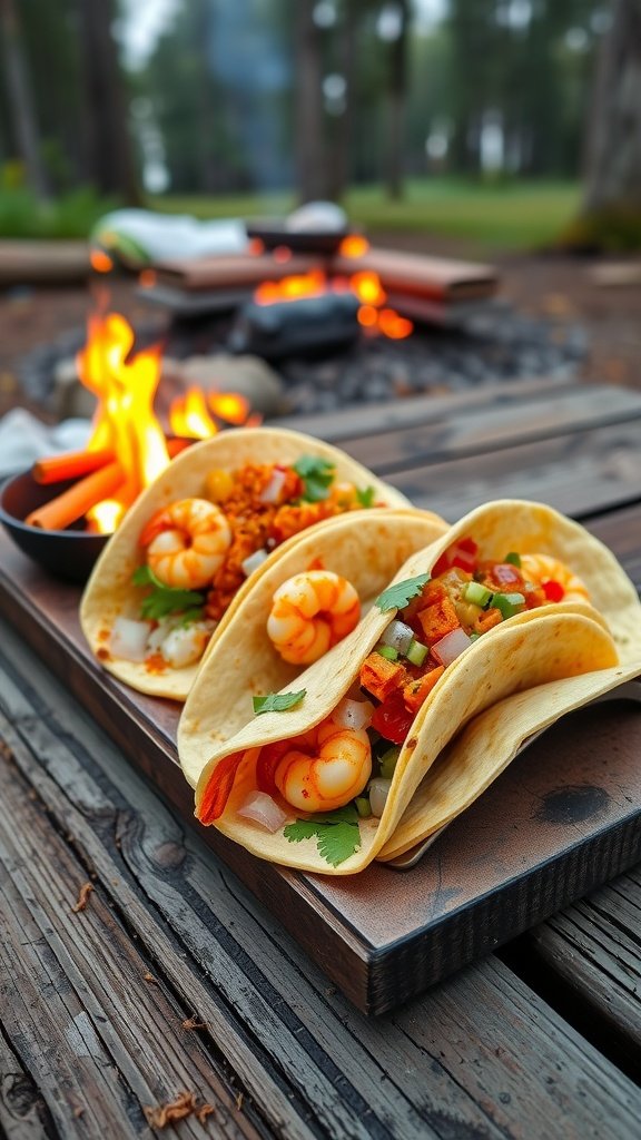 Spicy shrimp tacos with colorful toppings served on a wooden board.