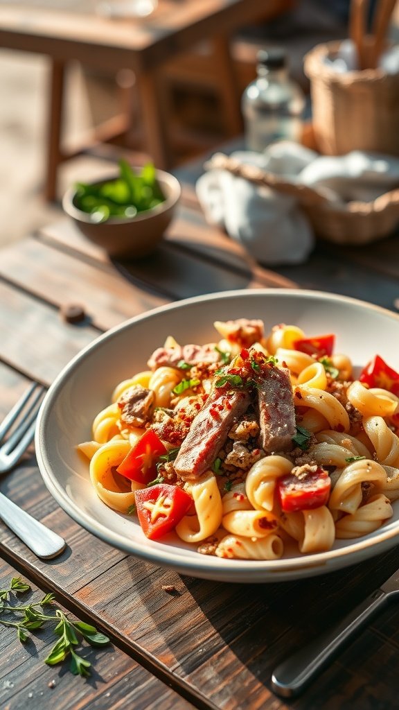 A bowl of spicy tuna pasta salad with colorful ingredients.