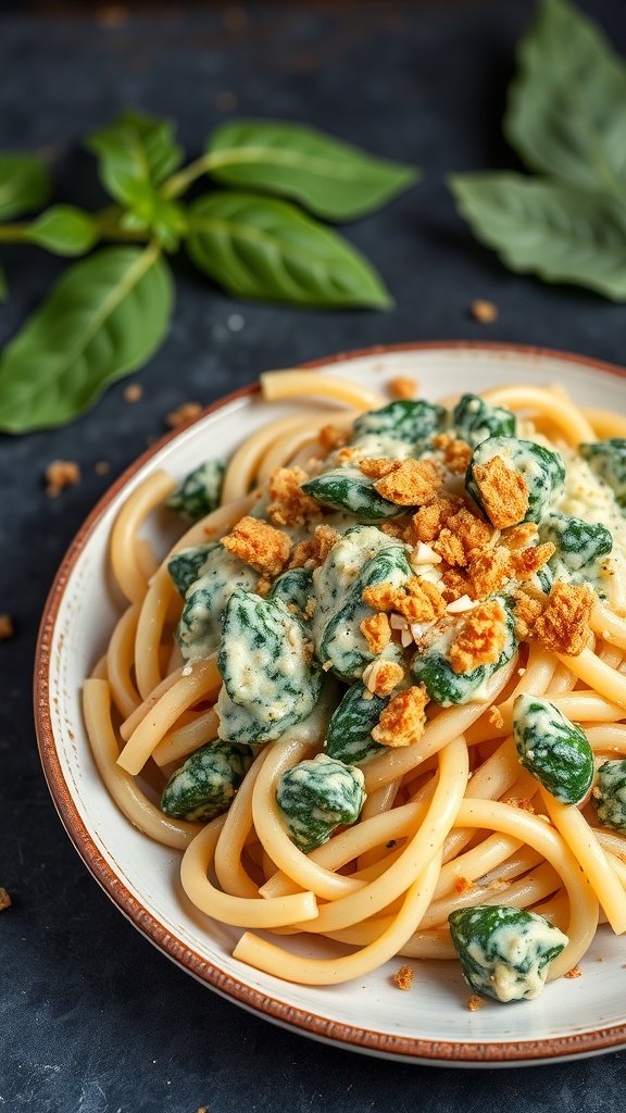 A delicious plate of Spinach and Artichoke Dip Pasta topped with crispy crackers.