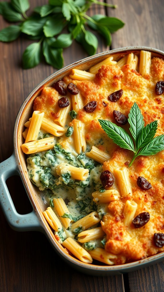 A delicious Spinach and Ricotta Pasta Bake served in a baking dish.