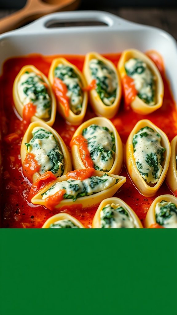Spinach and ricotta stuffed pasta shells in marinara sauce