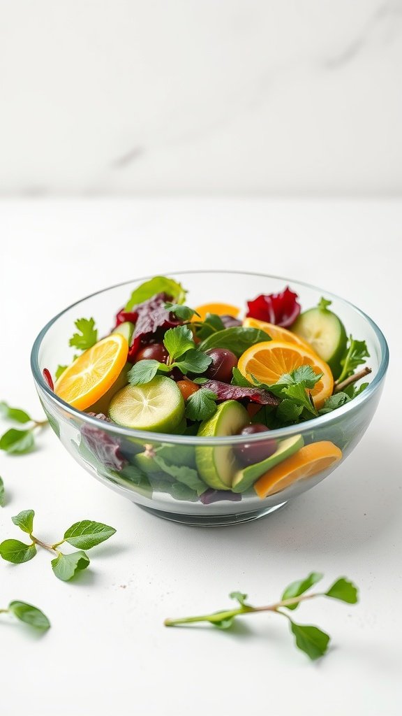 A colorful spring salad with citrus fruits and greens in a glass bowl