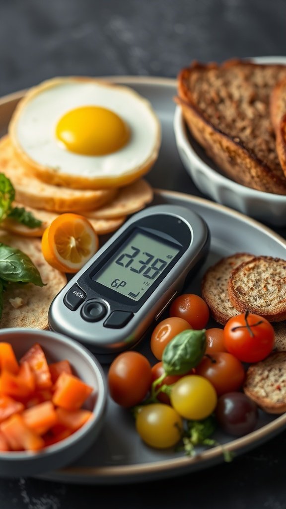 A plate with a variety of keto-friendly foods, including eggs, vegetables, and a blood glucose monitor displaying readings.