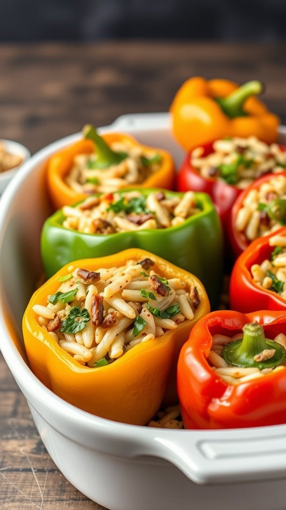 Colorful stuffed bell peppers filled with rice and vegetables in a baking dish