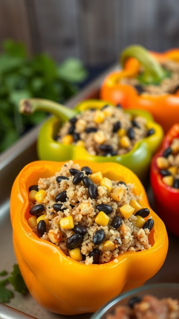 Stuffed bell peppers filled with quinoa, black beans, and corn